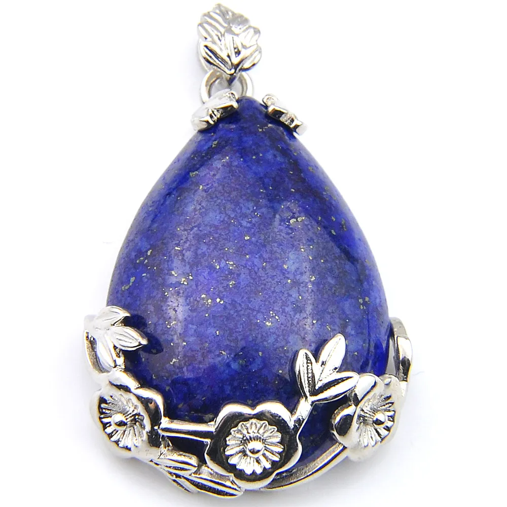 Luckyshien NIEUWE Handgemaakte Natuurlijke Lapis Lazuli Hangers Vintage Zilveren Elegante pruim bloem Hanger Ketting Sieraden Voor Vrouwen Pendan267E