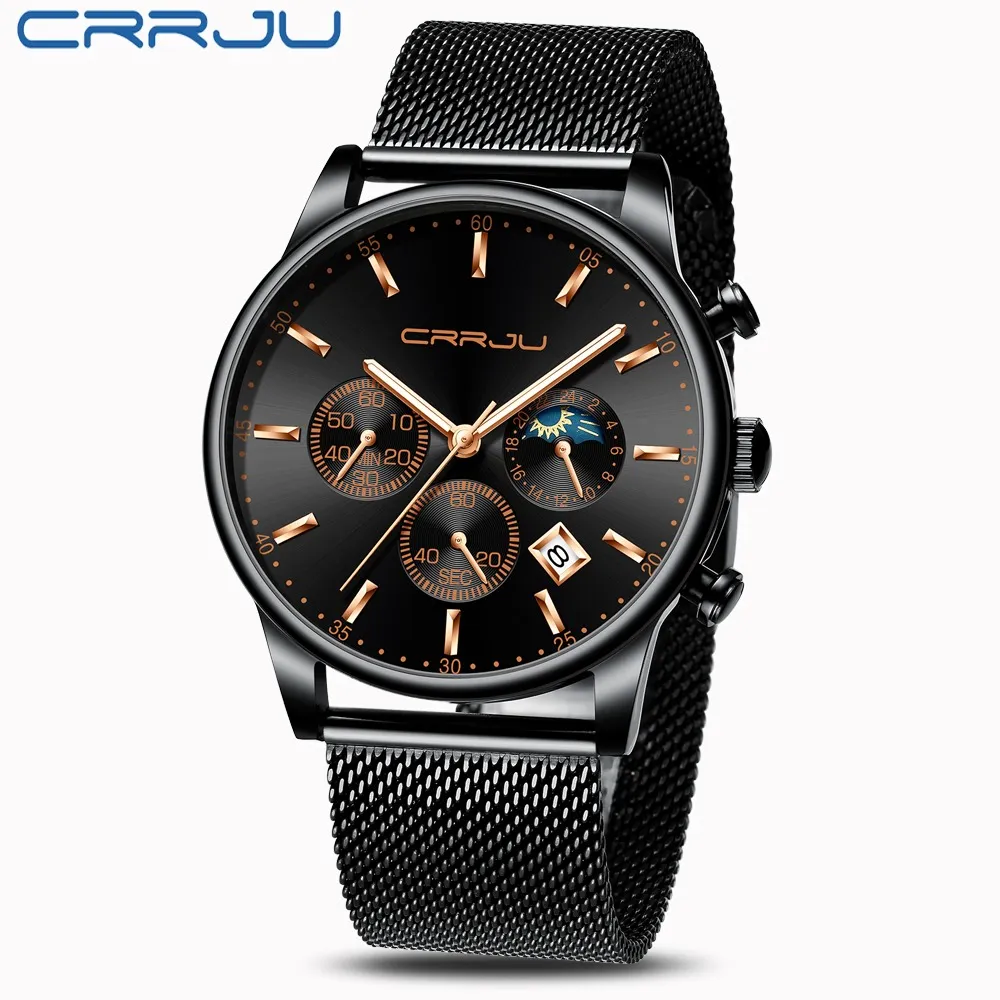 reloj hombre montres CRRJU Top marque de luxe hommes montres étanche affaires Date fenêtre montre-bracelet mâle maille bracelet décontracté Quartz 2864