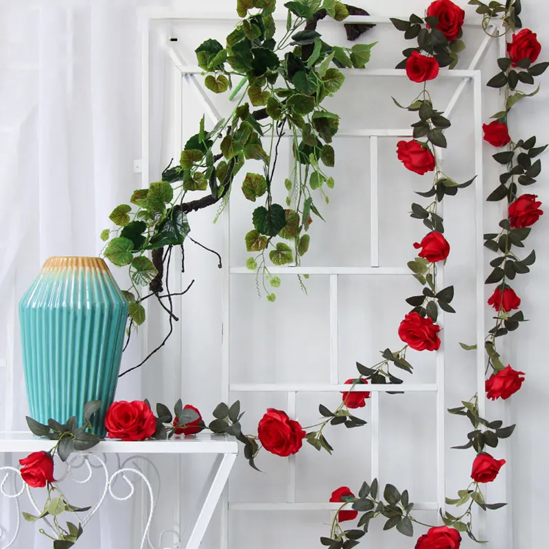 4 Teile/los 2M Künstliche Rose Rebe Seide Blume Rose Dekoration Hause Innen Rohr Decke Pflanze Wand Dekorative Hochzeit gefälschte Blume St308P