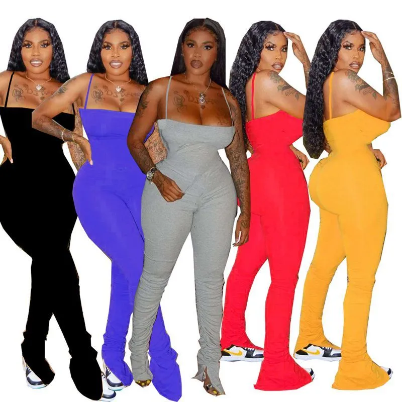 HAOYUAN Sexy Bodycon Stacked Jumpsuit Femmes D'été Dos Nu Corps Salopette Un Peice Ruché Leggings Pantalon Barboteuses Club Tenues T200701