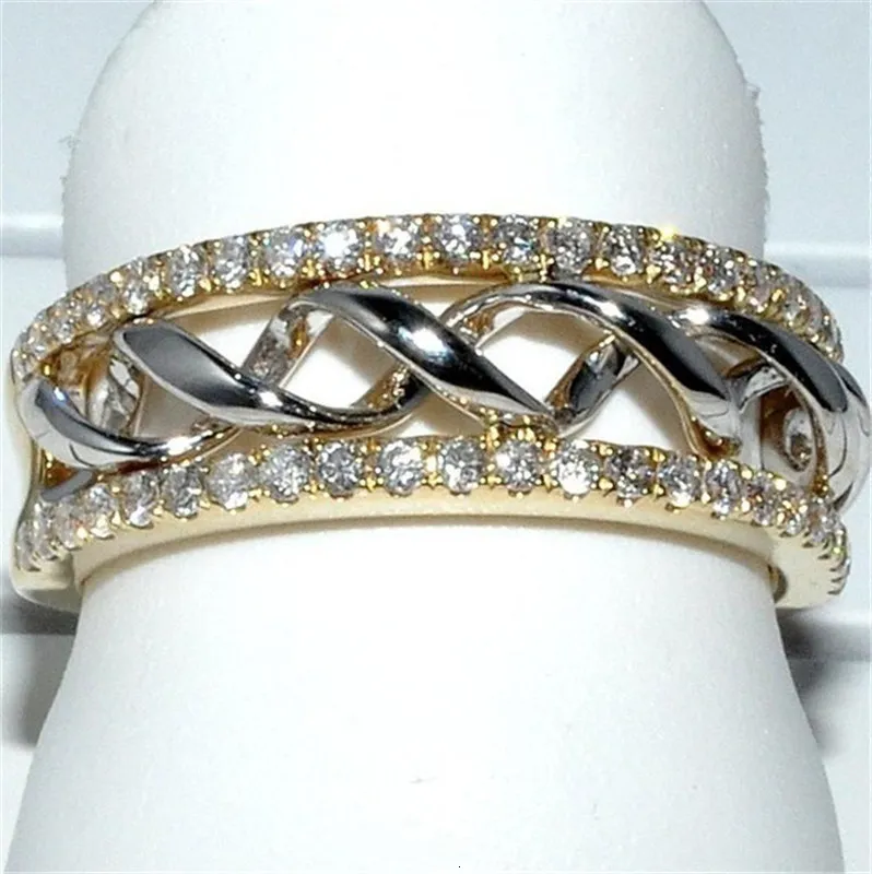 Bague creuse bicolore couleur argent vague cubique zircone bague pour femme mode populaire strass anneaux de mariage pour Women256b