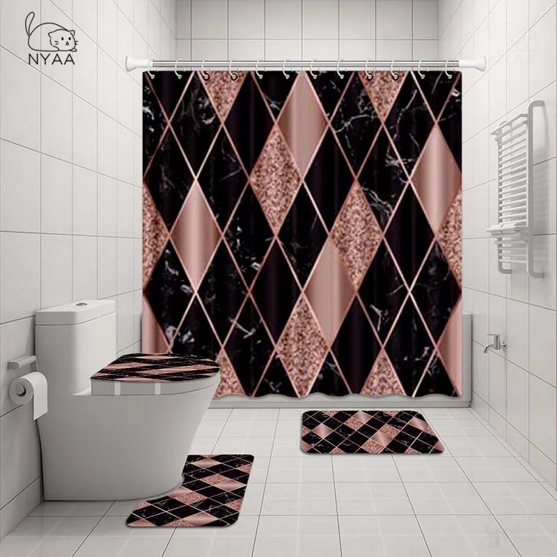 NYAA 4 pièces décoration mosaïque rideau de douche piédestal tapis couvercle couverture de toilette tapis tapis de bain ensemble pour salle de bain décor Y200407228E