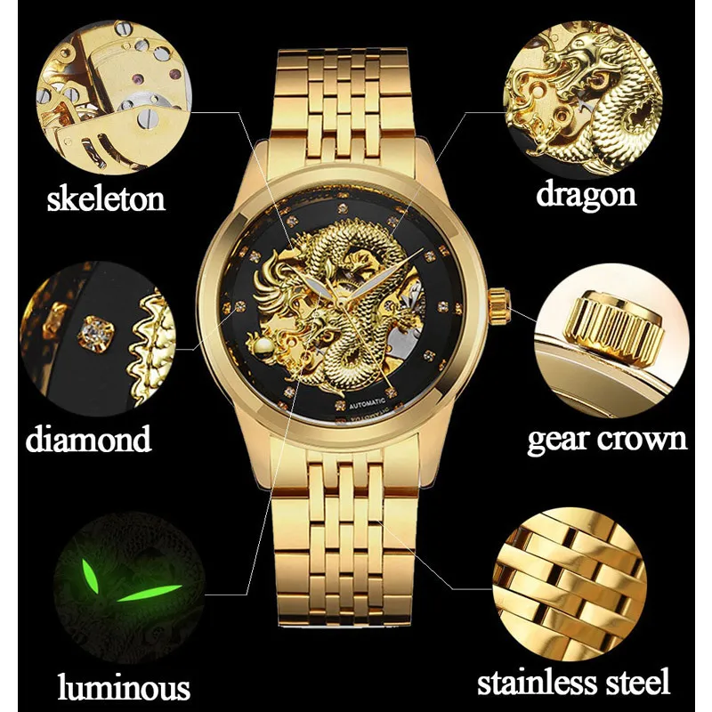 Reloj mecánico de oro esquelético para hombre, reloj de pulsera mecánico de acero con dragón tallado en 3D automático, marca superior de lujo de China, viento automático 2018 Y342V