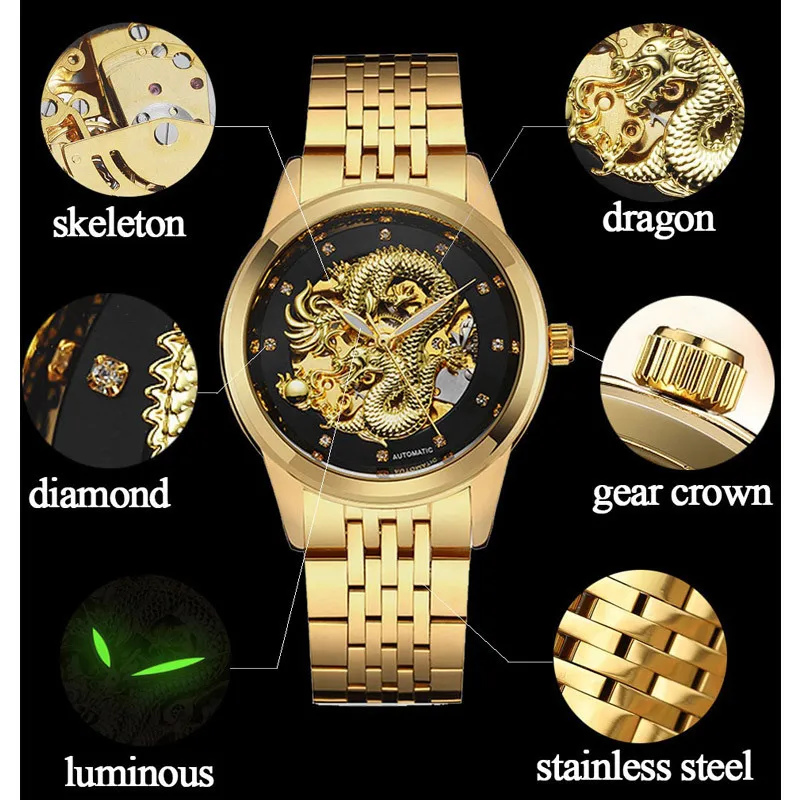 Skelett Gold Mechanical Watch Männer Automatisch 3D geschnitzte Drachenstahl mechanische Handgelenk Wache China Luxus Top Marke Selbstwind 2018 Y2337