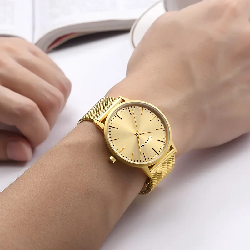 Relogio Masculino CRRJU hommes montre en or mâle en acier inoxydable Quartz doré mince montres pour homme montres décontractées cadeau Clock249L