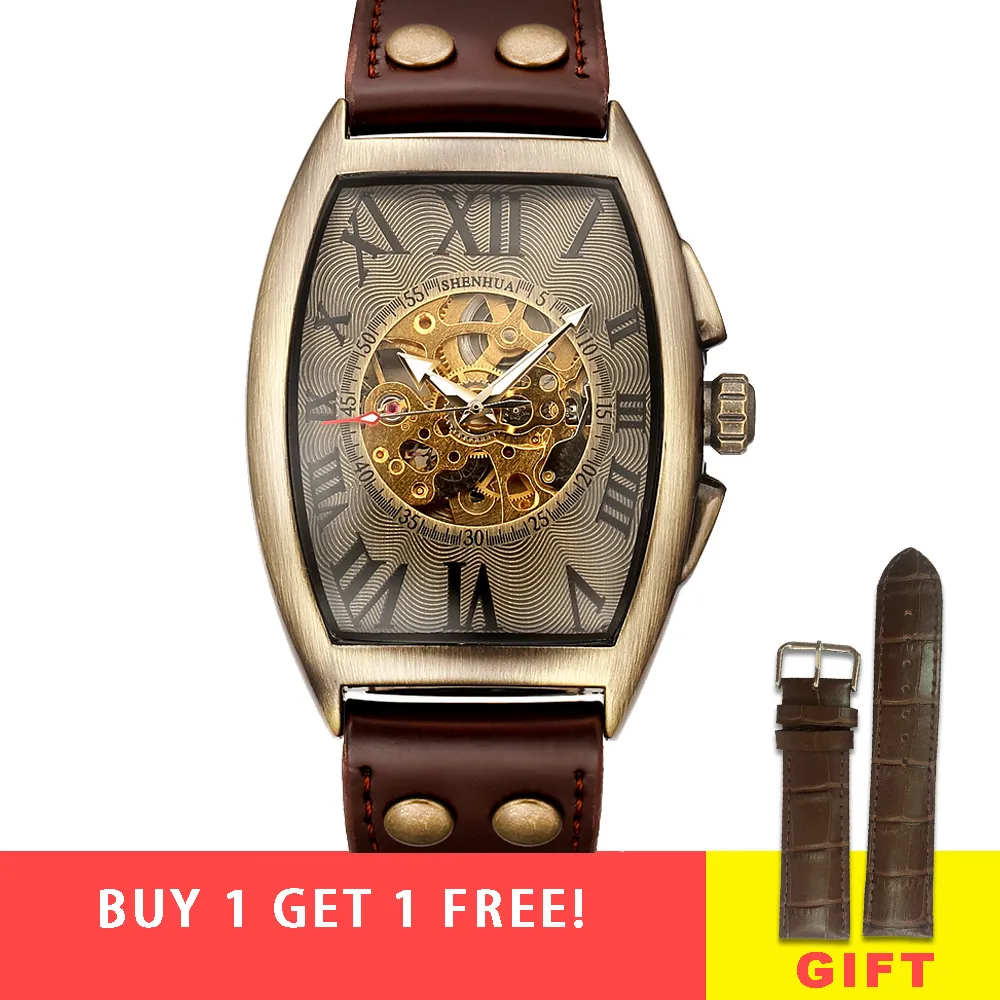 Shenhua 2019 Vintage Automatic Watch Men Men Mechanical Wrist Watches Mens Fashion Skeleton Retro Bronze Watch Clock Montre Homme J1902450