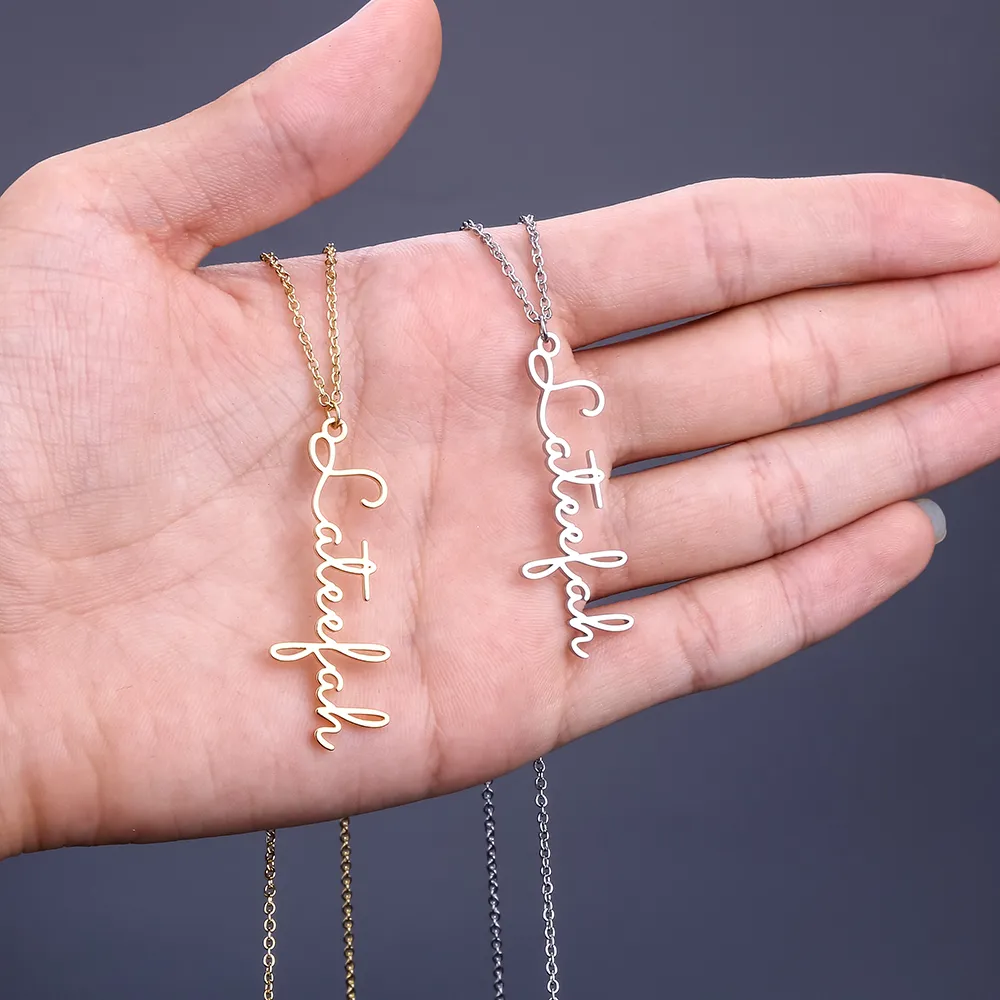 whole Handwriting Jewelry Custom Signature Pendant Collier Femme Vertical Personalized Custom Name Necklace For Women Gift9570532