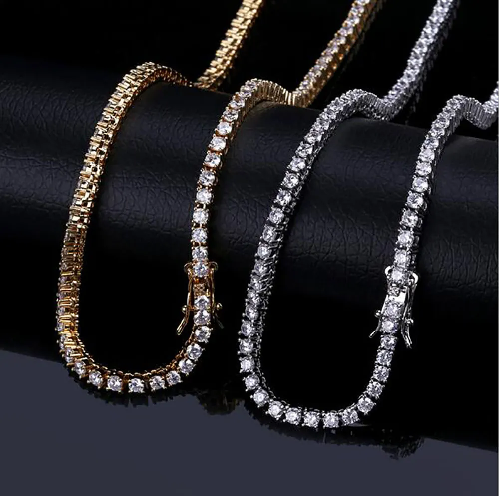 Hip Hop Copper 1 Row CZ Tennis Chain Micro Pave Cubic Zircon Tennis Chain Necklace 3mm 18inch 20inch 22inch 24inch Gold Silver Cha256h