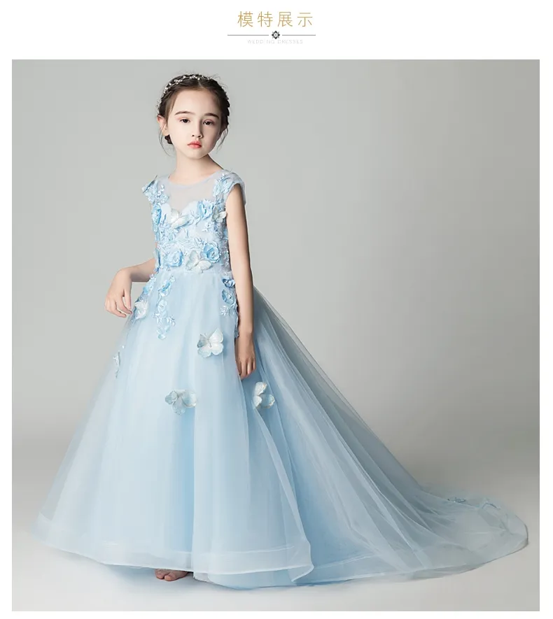 Mermaid Girl's Pageant Party Party Dress Light Blue Beaded Flowers Girl Princess Dress Fluffy Kids First Communi220K