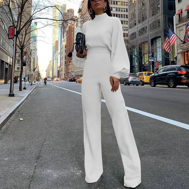 Women Spring Fashion Elegant Office Lady Workwear Casual Long Jumpsuits High Neck Lantern Sleeve Wide Leg Overalls T5190614
