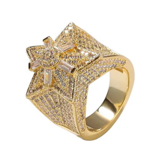 Iced Out CZ Hip Hop Pentagram Star Mens Ring Band New Persumized Top Quality Cumbic Zirconia Gold Full Diamond Street Rapper Fing213S