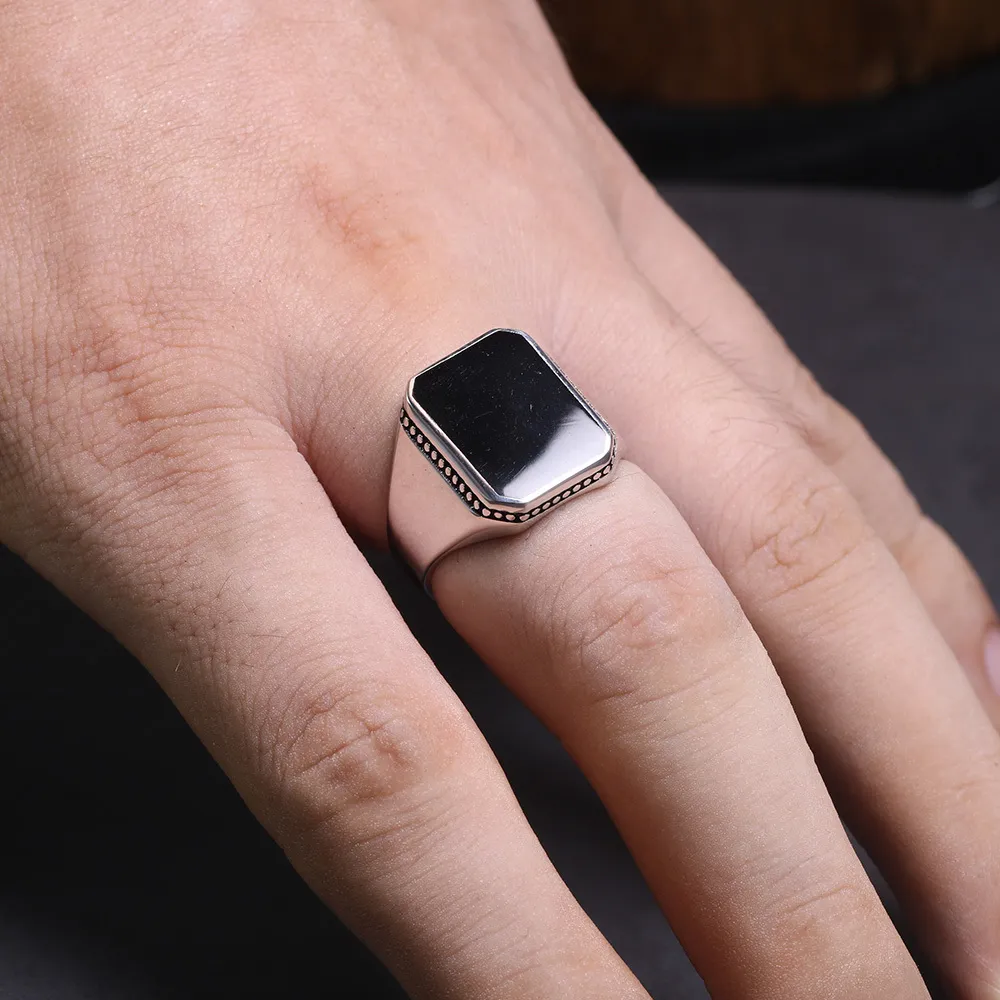 Real Solid 925 Sterling Silver Ring Simple For Men Imitated Black Stone Square Flat High Polishing Middle East Turkish Jewelry C185046460