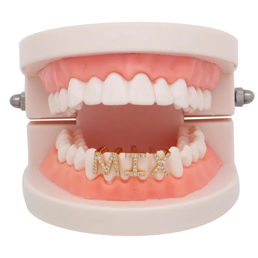 18K Gold Weißgold Iced Full Diamond Benutzerdefinierte Namen Buchstaben Zähne Grillz Zahn DIY Fang Grills Cosplay Zahnkappe Hip Hop Dental Te281g