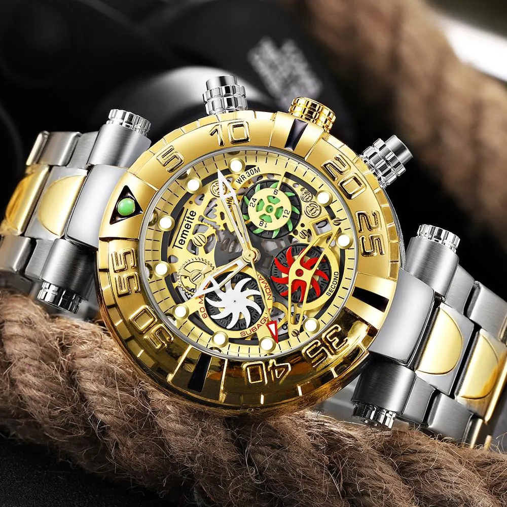 Temeite Watches Men Business Casual Golden Creative Hollow Quartz Watch Waterproof Military Wristwatches Male Chronograph Clock2486