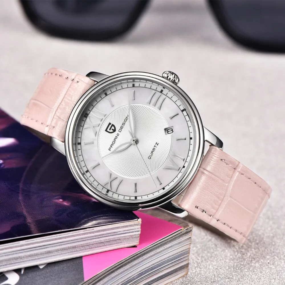Pagani design moda casual feminino relógio de quartzo data automática rosa elegante caso couro à prova dwaterproof água senhora relógio relogio feminino230y