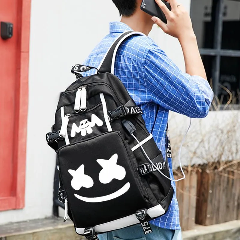 Marshmello Lumineuze USB -laptop rugzakken American Mystery DJ Student School Bag voor tieners Men Men Girls Girls jongens Boektassen NIEUW263A