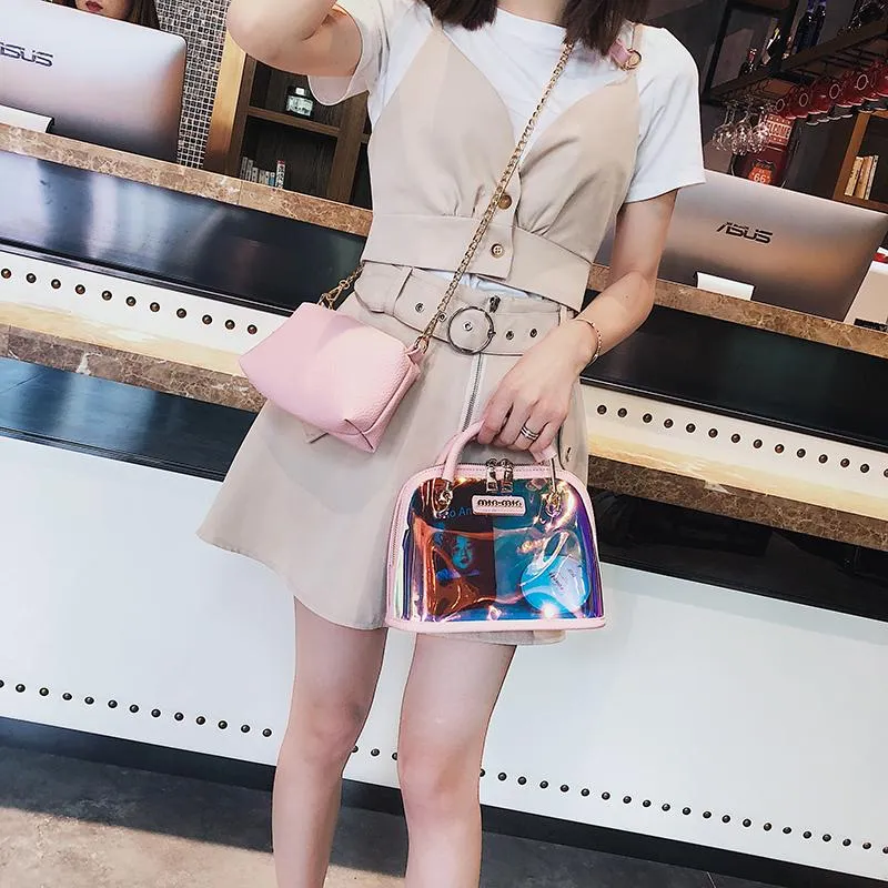 Summer PVC Plastic Chains Transparent Bag Candy Jelly Clear Beach Bags Composite Bag set Handbag Women Clutch Purse214s