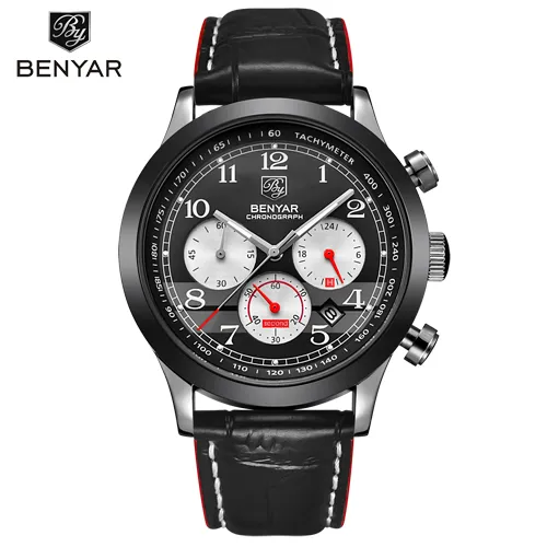 Benyar Brand Sport Waterproof Chronograph Men Watch Top Brand Luxury Man Leather Quartz Military Wrist Watch Men Clock SAAT227D