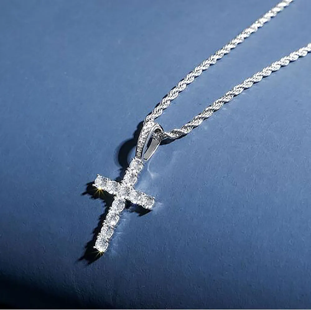 925 Sterling Silber CZ Kreuz Anhänger Solide Micro Jesus Kreuz Anhänger Halskette Männer Hip Hop Micro Pave Kubikzircon Jewelry240R