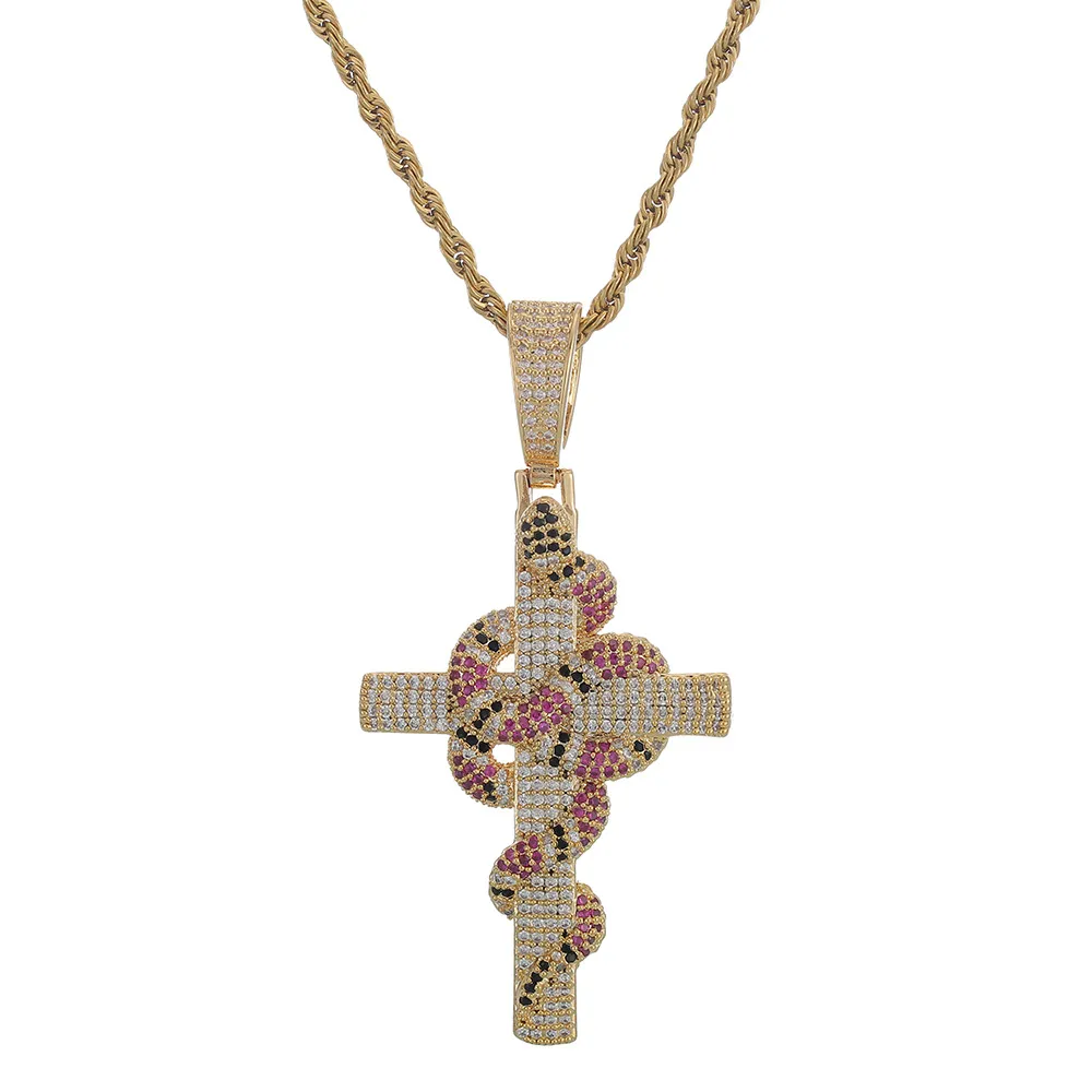 Collier serpent coloré glacé avec pendentif croix, chaîne de Tennis, couleur or, zircone cubique pour hommes, Hip hopJewelry339c