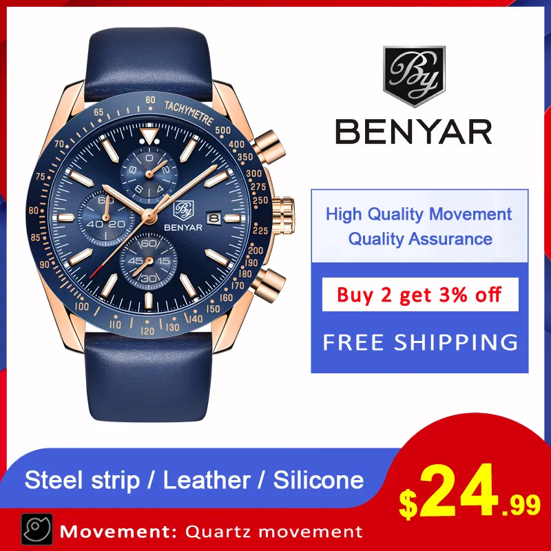 BENYAR Nieuwe Mannen Horloge Business Volledig Staal Quartz Topmerk Luxe Casual Waterdichte Sport Mannelijke Horloge Relogio Masculino197x