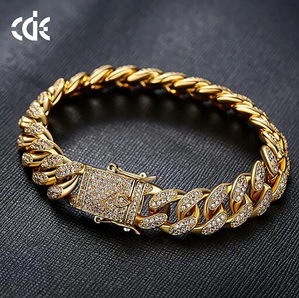 Mens Hip Hop 18k Gold Gold Stated 12 mm Cuban Link Bracelet z zamkniętym zapięciem sześcienne bransoletki cyrkon biżuteria najwyższa jakość 216R