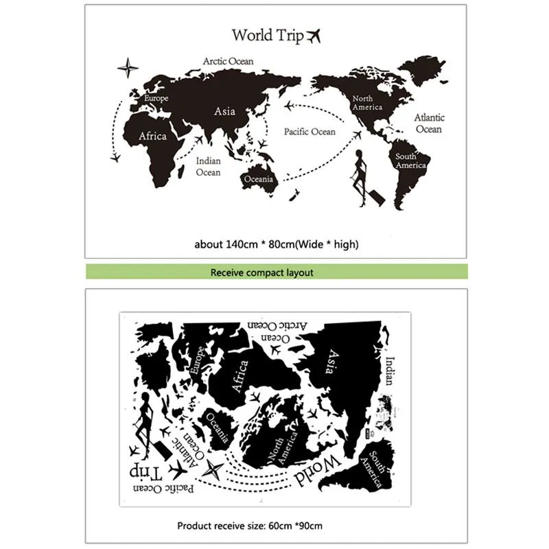 Mapa de viagem mundial preto, adesivos de parede de vinil para quarto de crianças, decoração de casa, escritório, arte, decalques, papel de parede 3d, sala de estar, quarto, decoração317j