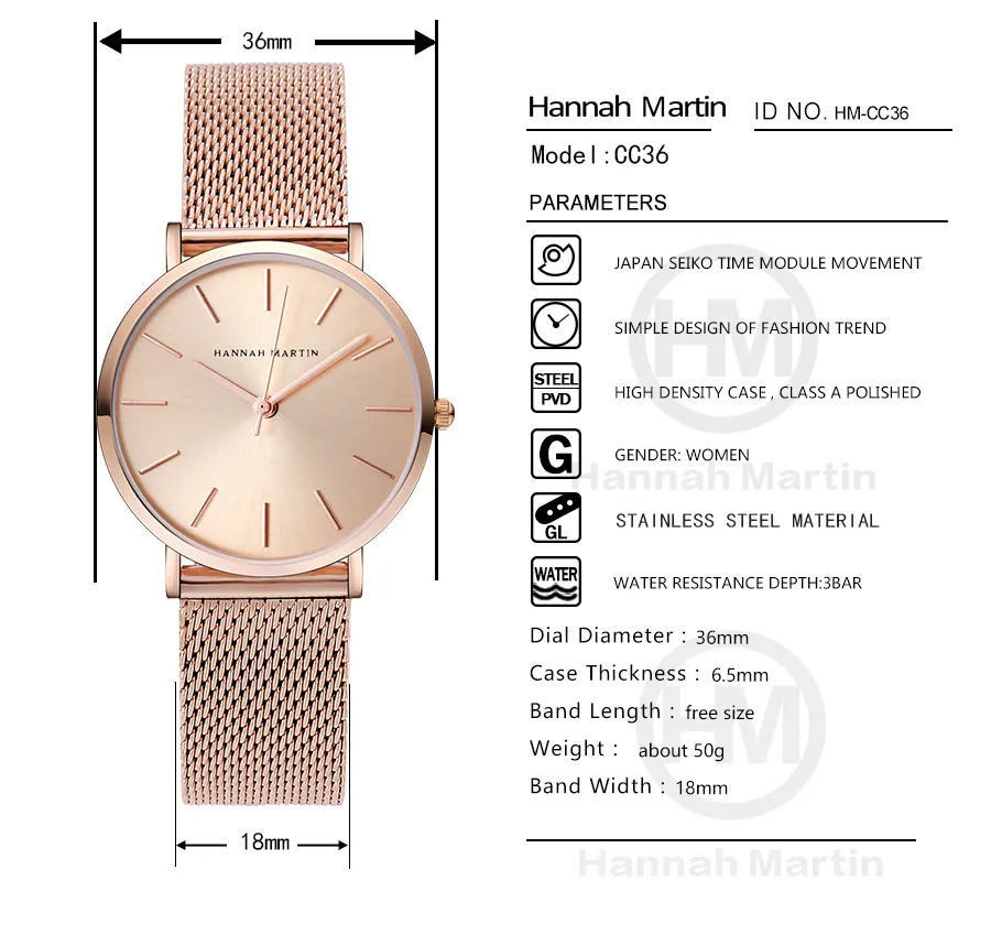 Relij Mujer Hannah Martin DW Style Watche Watche Marka Luksusowa Rose Gold Ladies Karartzer Stray zegar Saat Montre Femme294s