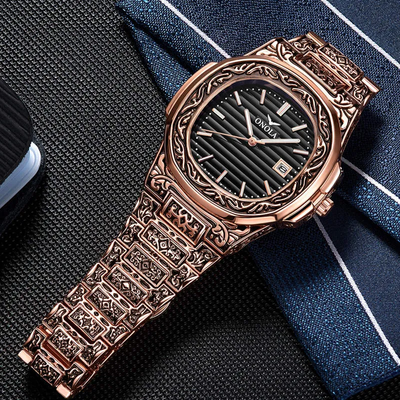 Klassisk designer Vintage Watch Men 2019 Onola Top Brand Luxuri Gold Copper Wristwatch Fashion Formal Waterproof Quartz Unique Mens2800