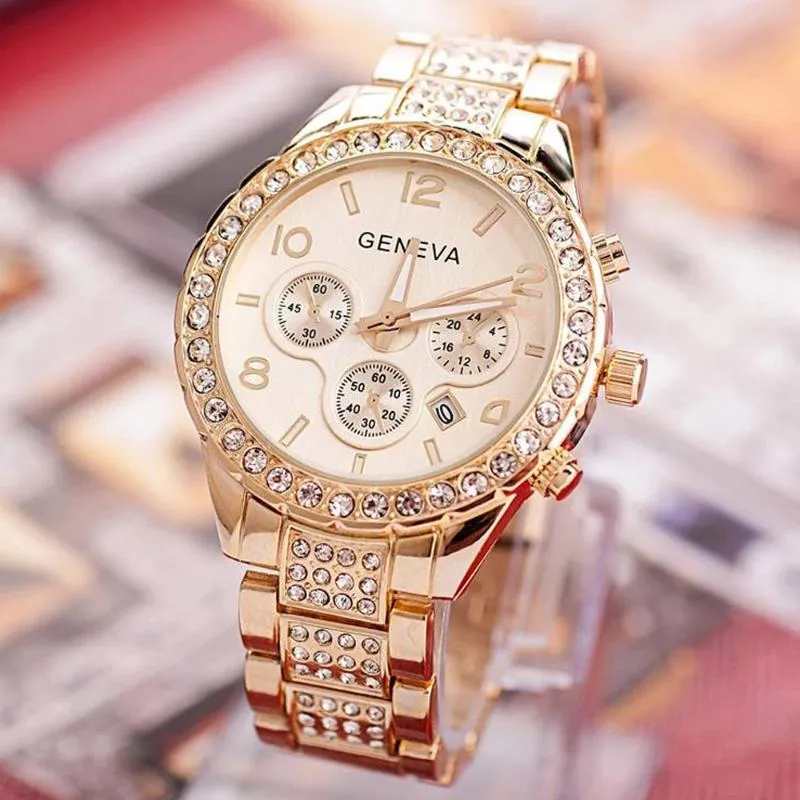Bling Crystal Women Watches Gold Fashion Geneva Women Women Watch zegarek ze stali nierdzewnej Danie Zrób na rękę 2020 Relogio1288D