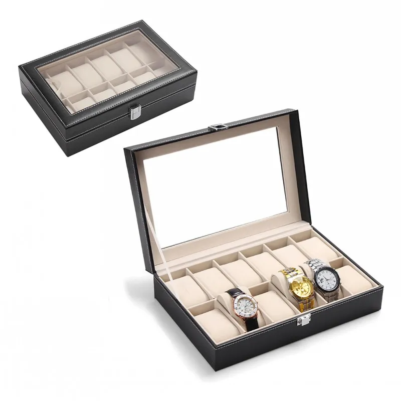 Caja de relojes de cuero sintético, 12 rejillas, anillo de joyería, caja de almacenamiento, organizador, caja de reloj de gran capacidad, alta calidad, 255r