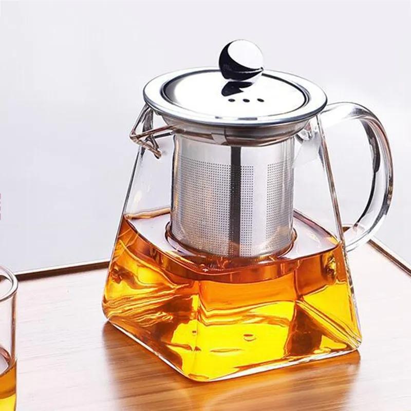 Blooming ve gevşek yaprak çayı tercihi için paslanmaz çelik infüzör ve kapaklı cam çaydanlık1907