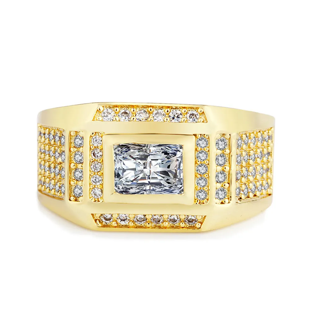 Tamaño del anillo de los hombres 13 Iced Out Micro pavimentado 18 k oro amarillo lleno clásico hombres guapos banda de dedo joyería de compromiso de boda Gi206m