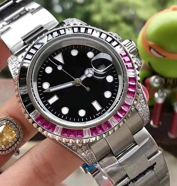 Fine Men's Watch 316 Rostfritt stålfodral Rem belagd glasfärgad röd diamant Bezel Automatisk mekanisk rörelse Diamet2296