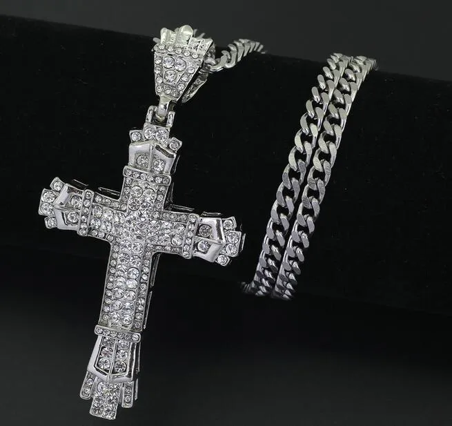 Collier avec pendentif croix découpé en acier inoxydable plaqué or 18 carats, chaîne cubaine avec diamant d'eau, rétro, 217J