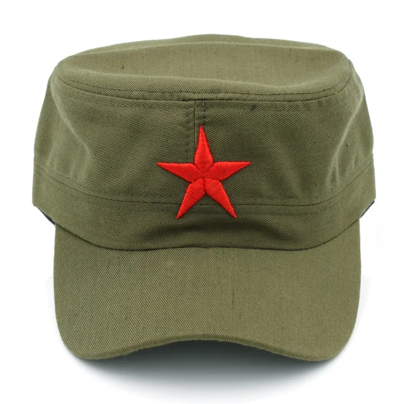 10st / män kvinnor militära keps armé hatt vår sommar vinter strand utomhus gata cool kyrka solhat platt topp hatt med röd stjärna