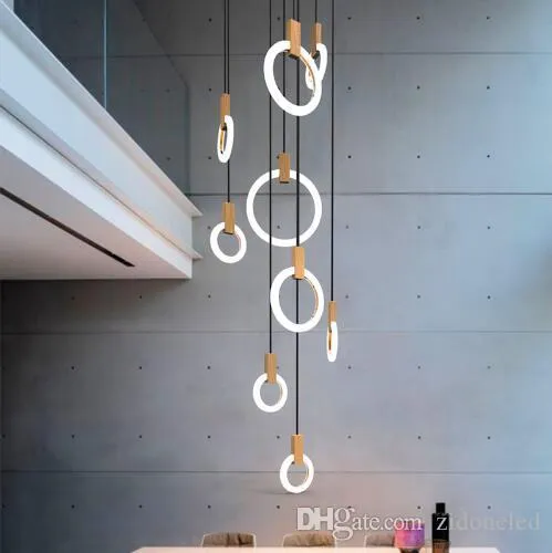 Lustre contemporain en bois LED, anneaux en acrylique, éclairage d'escalier, 3, 5, 6, 7, 10 anneaux, luminaire d'intérieur, 228N