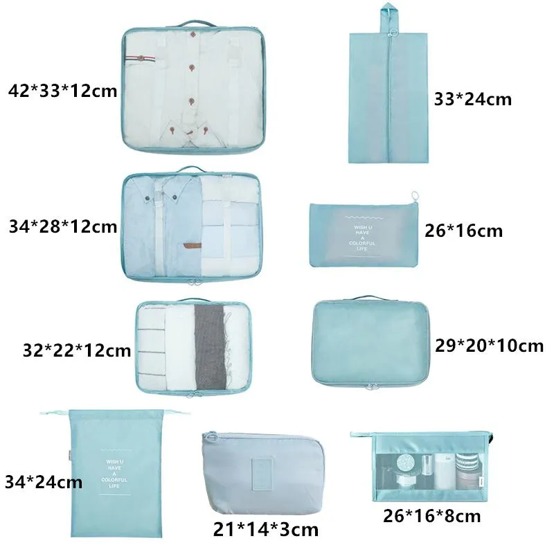 9 sztuk Zestaw Organizator podróży torby do przechowywania walizki Zestaw pakietów Pakiet magazynowy Przenośny bagaż Organizator Ubrania Ubrania Uprzątnia 3386