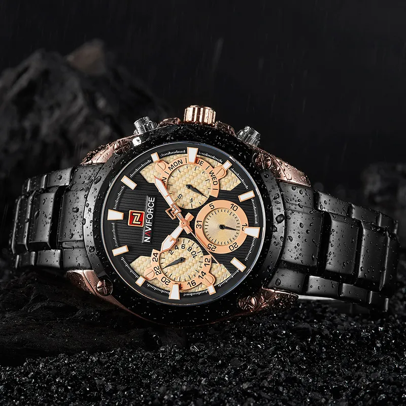 Naviforce Mens Watches Top Brand Luxury Men's Castile Sport Quartz 24時間の時計フルスチール軍事腕時計男性Clo276i