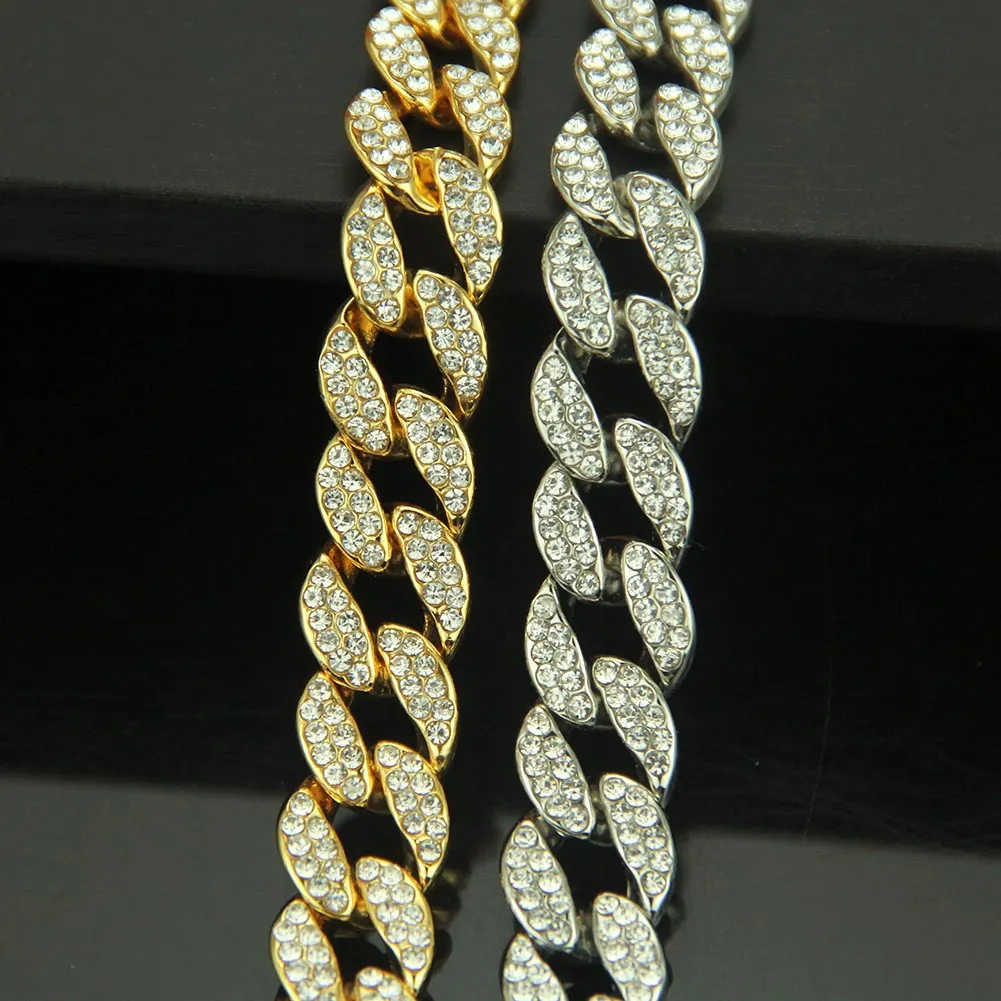 Iced Out Chains Bling Rhinestone Golden Finish Miami Cuban Link Chain Necklace Men's Hip Hop Halsband smycken gåva235g