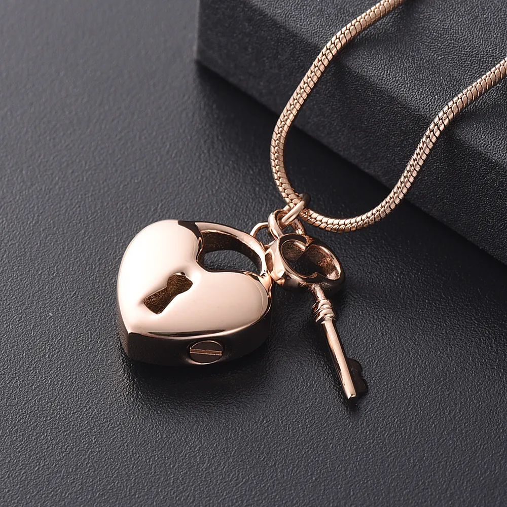 LKJ11532 Pink Gold Human Cremation Jewel Heart Memorial Urn Locket med Mini Key Charm med tratt och presentförpackning301