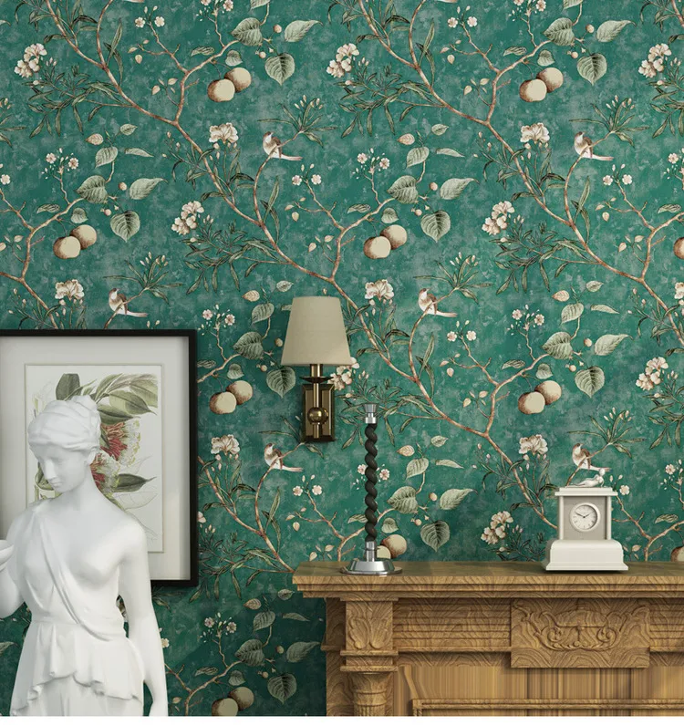 Amerikaanse Pastorale Bloem en Vogel Behang Vintage BPPLE Boom Muurschildering Wallpapers Roll Groen Geel Behang Papier Peint224L