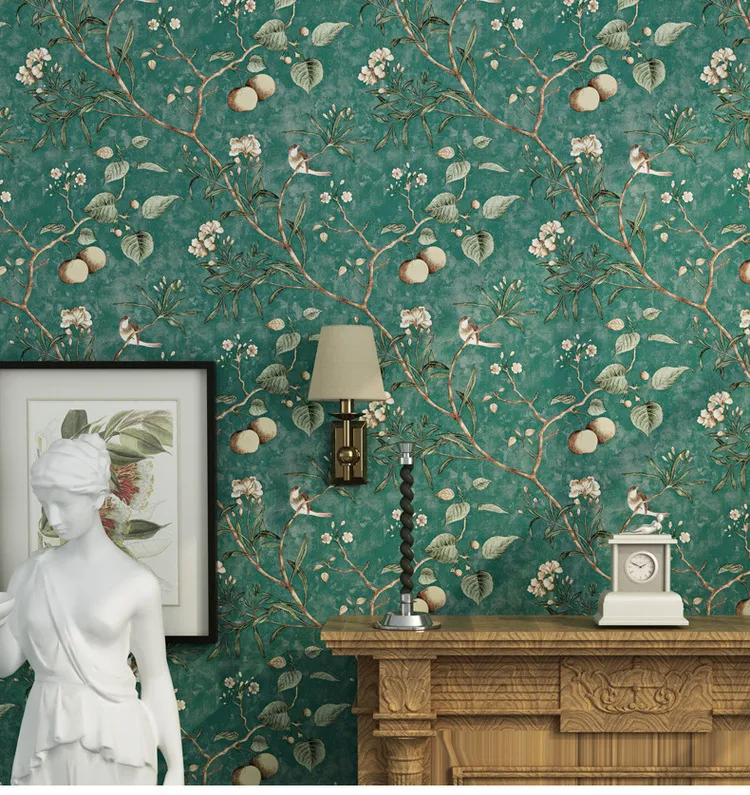 Американские пастырские цветочные и птичьи обои винтажные дерева Bpple Tree Wallpapers катится зеленая желтая стена бумага Papier Peint290s