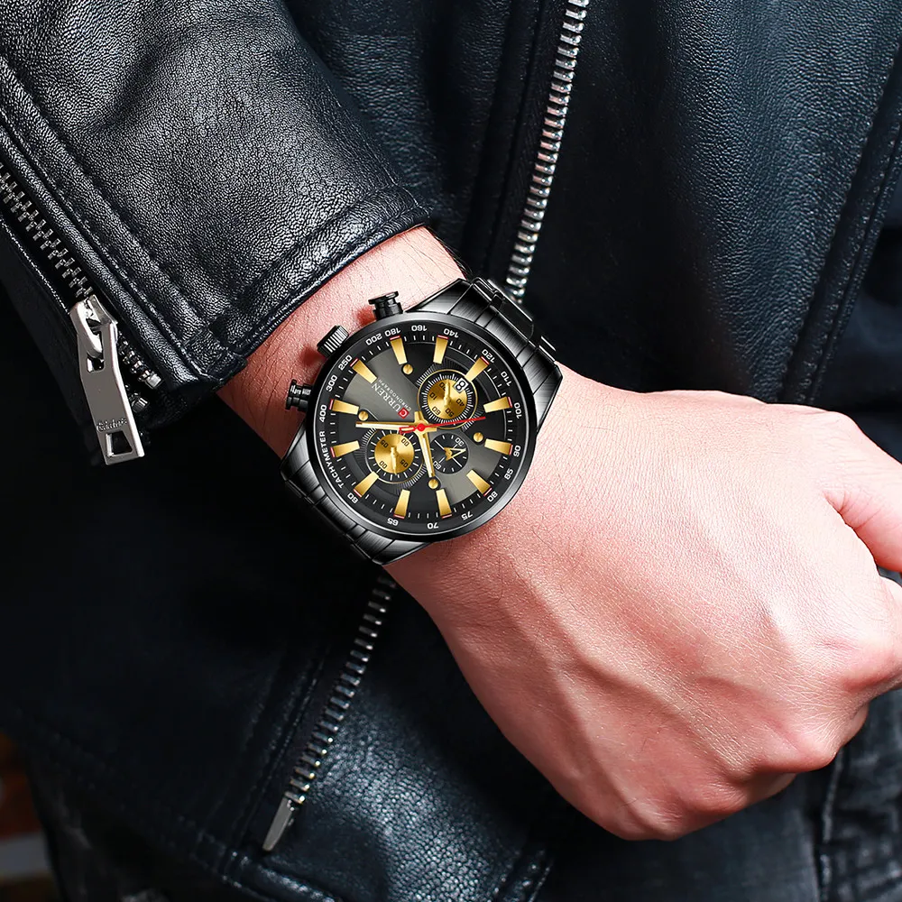 Curren Black Gold Watch for Men Fashion Quartz Sports armbandsur kronografklocka Datum Klockor Rostfritt stål Male Watch CX20080222E