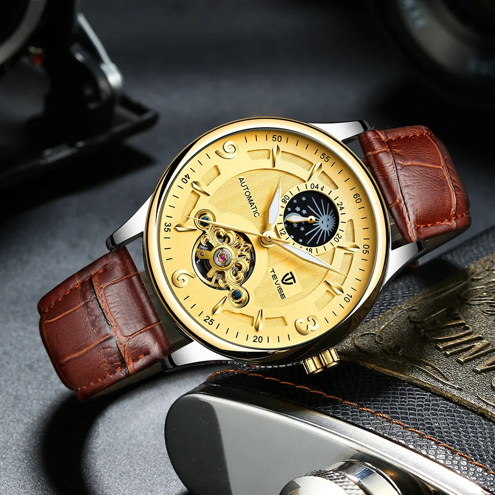 Marque de mode TEVISE hommes montre automatique mécanique bracelet en cuir phase de lune Tourbillon Sport horloge Relogio Masculino254r