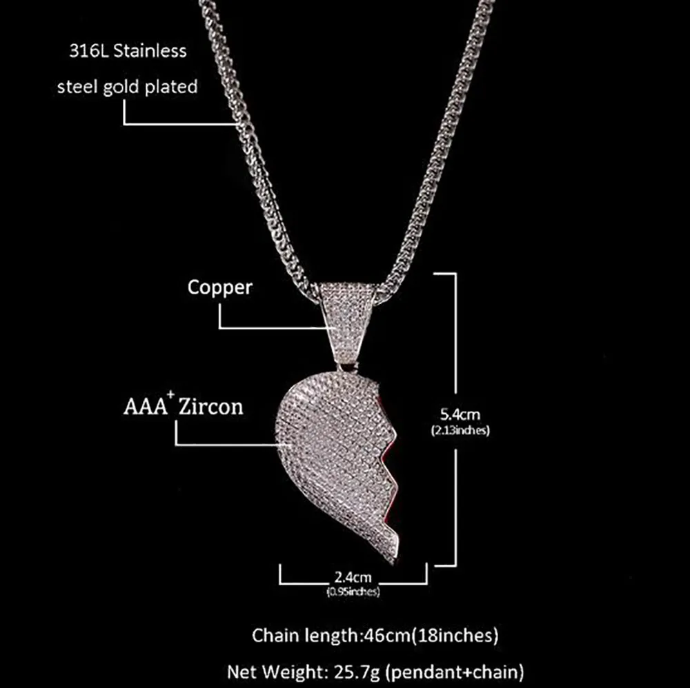 1 زوج نصف قلب قلادة قلادة CZ Bling قلادة Micro Pave Zirconia محاكاة Diamonds زوجين Valentine Gift306e