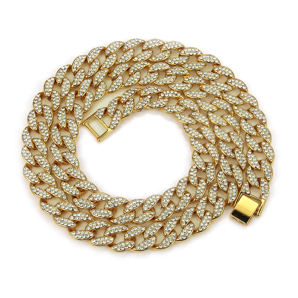 Iced Out Chains Bling Rhinestone Golden Finish Miami Cuban Link Chain Necklace Men's Hip Hop Halsband smycken gåva235g