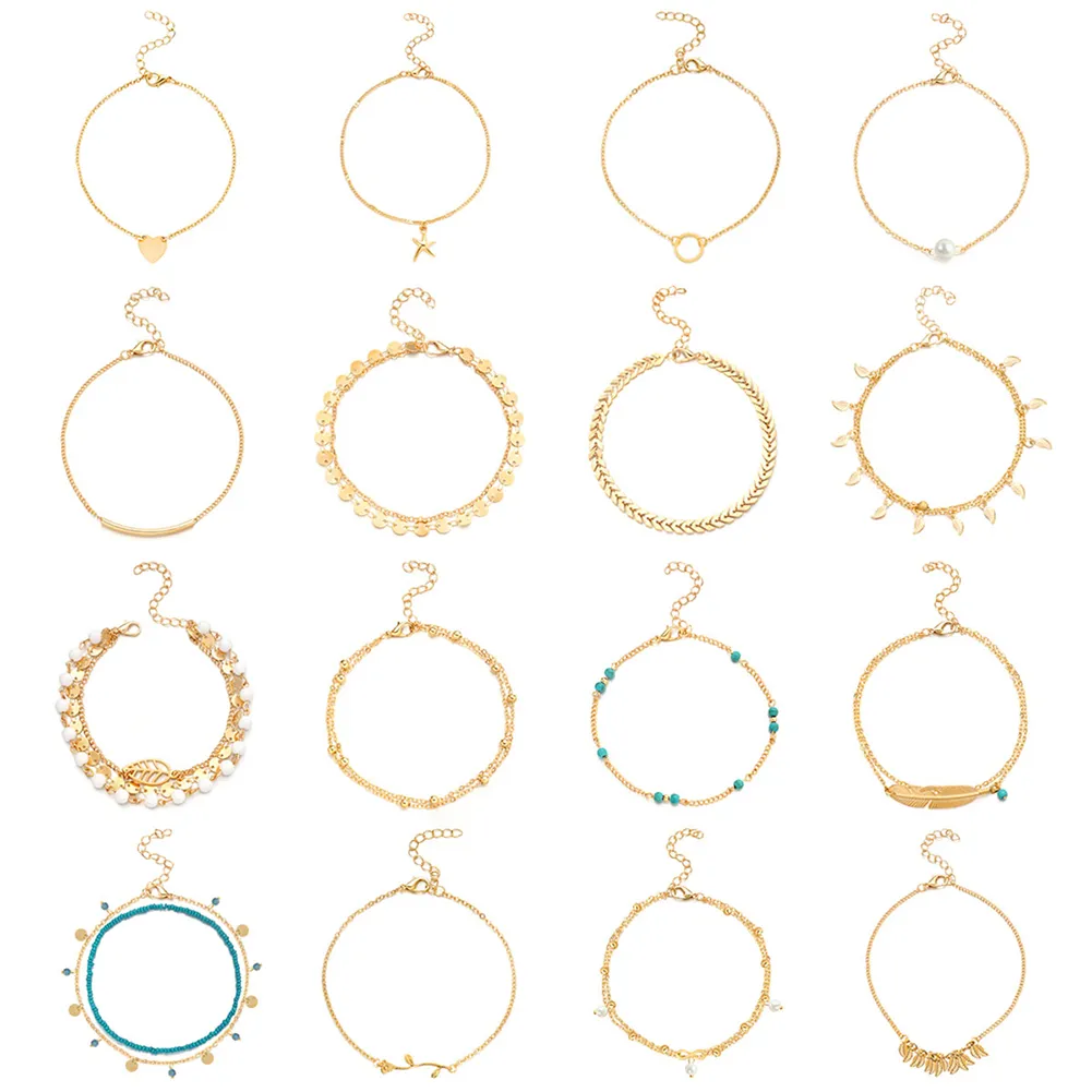 16 sztuk stopy łańcuchy kostki bransoletki Regulowane plażowe biżuteria z kostki kostki kostki dla kobiet dziewczęta boso226r