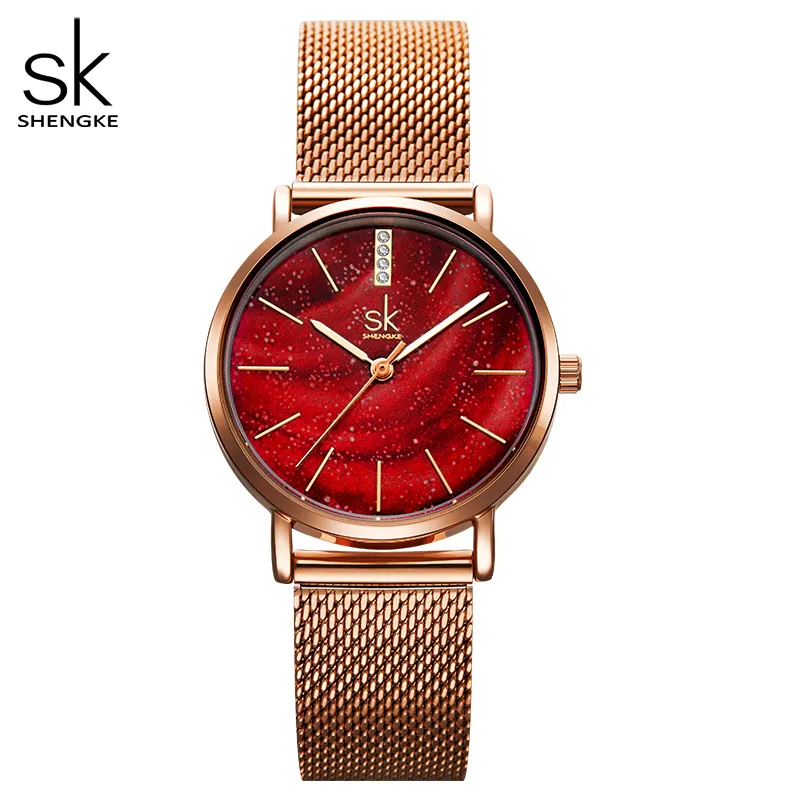 Shengke relógios femininos estrelado verde dial reloj mujer senhoras relógio de pulso ultra-fino pulseira de aço inoxidável quartzo montre femme gift235q