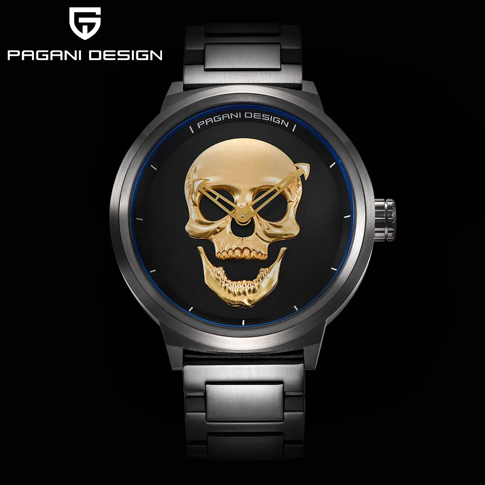 Punk 3D Skull Personlighet Retro Fashion Men's Watch Waterproof 30m Steel rostfritt kvartsklocka Pagani Design Relogio Masculi330b